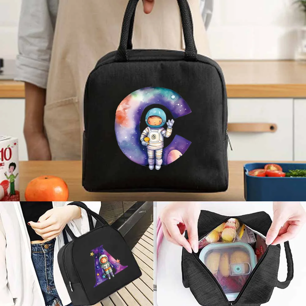 Portable Lunch Bag Cooler Lunch Box Picnic Tote Hangbags Travel Insulated Box Astronaut Letter Print Thermal Food Container