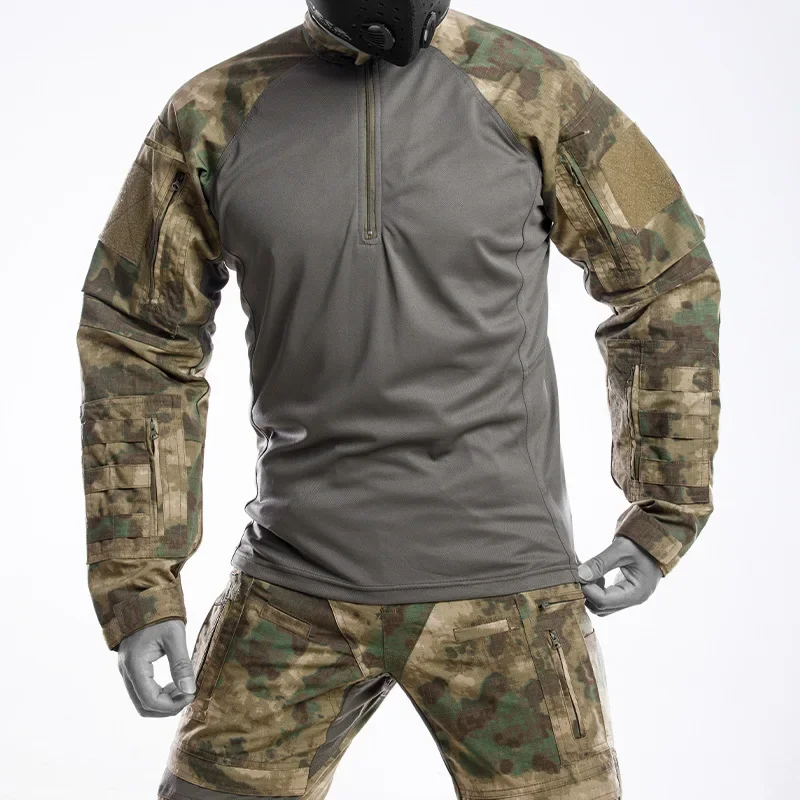 Men Combat Suit Camouflage Tactical Sets Multi-pocket Quick-dry Training Suits Long Sleeved Breathable T-shirt Knee Pad Pants