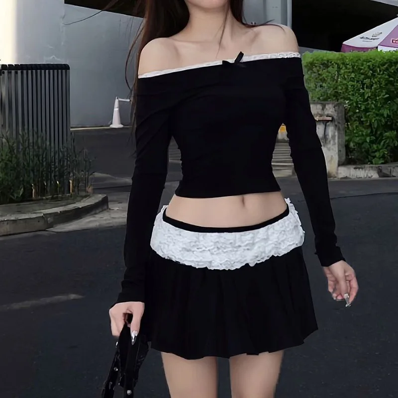 y2k Skirt Women Fairycore Clothes Lace Patchwork Low Waist Pleated Mini Skirts 2000s Evening Party Skirts Streetwear
