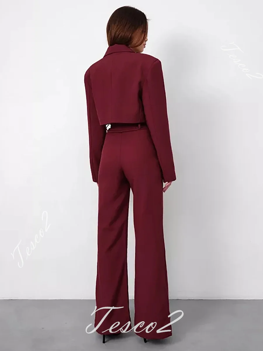 Tesco Office Pantsuit For Women Spring Short Crop Top+High Waist Wide Leg Pants Casual Double Breasted Blazer Women Chic Outfits