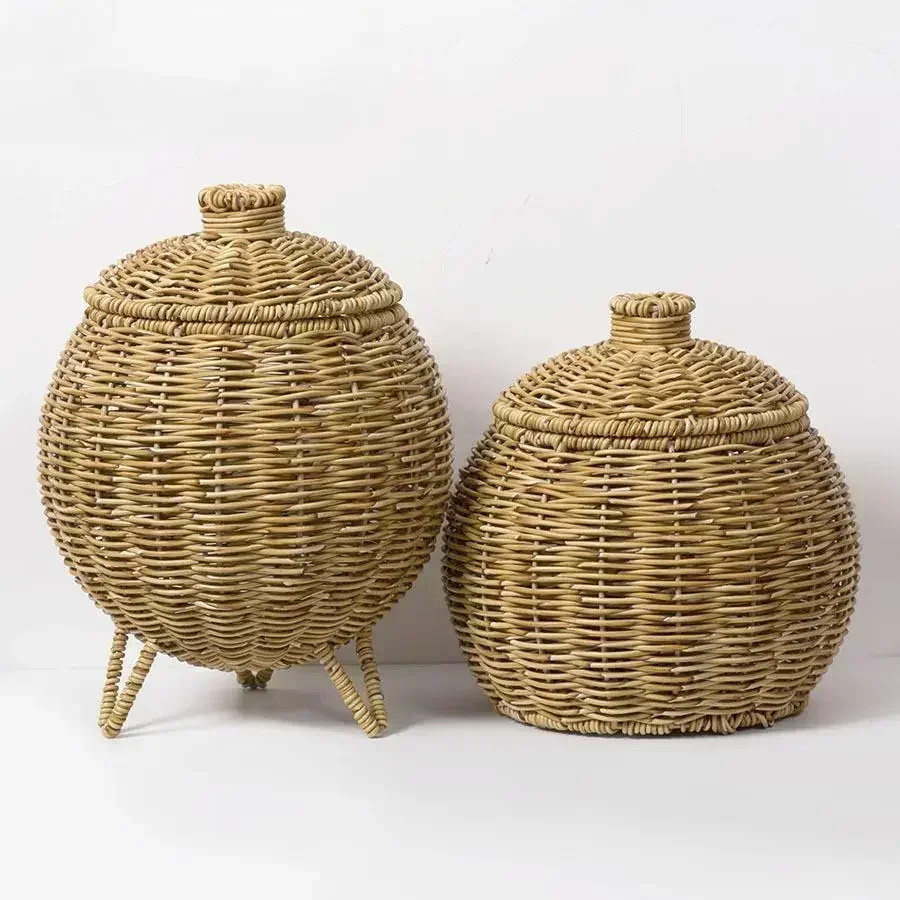 Hand-woven Oval Pumpkin Basket Desktop Sundries Storage Jar Lid Imitation Rattan Retro Storage Wicker Basket Plant Flower Basket 4