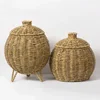 Hand-woven Oval Pumpkin Basket Desktop Sundries Storage Jar Lid Imitation Rattan Retro Storage Wicker Basket Plant Flower Basket 4