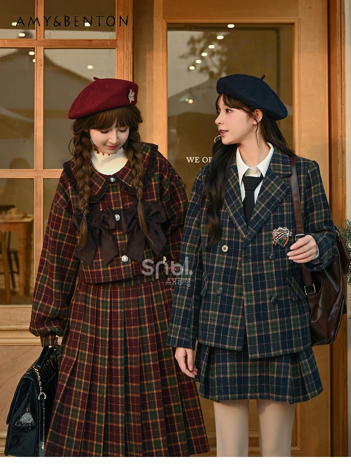 

Женский комплект из двух предметов, милый бархатный шерстяной комплект в британском ретро-стиле с воротником-стойкой и мини-юбкой, модный клетчатый комплект из двух предметов, новинка зимы