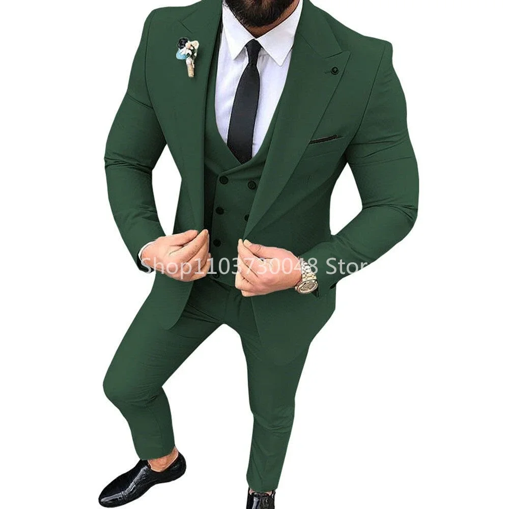 Solid Men's 3 Pieces Suit One Button Peak Lapel Jacket Vest Trousers Dinner Wedding Tuxedos Slim Fit Formal Business Suits