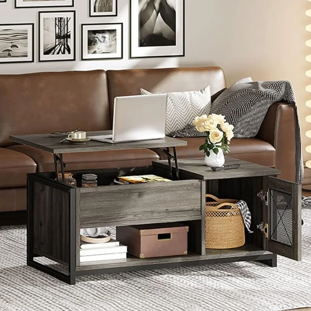 

Lift Top Coffee Table with Storage, Double Doors , Wood Tea Center Table sLiving Room for Home Offices, Grey Wash