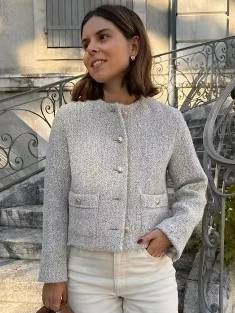HH TRAF Women's Elegant Round Neck Cropped Jacket Fashion Single Breasted Long Sleeves Coat Pockets Female Vintage Outerwear