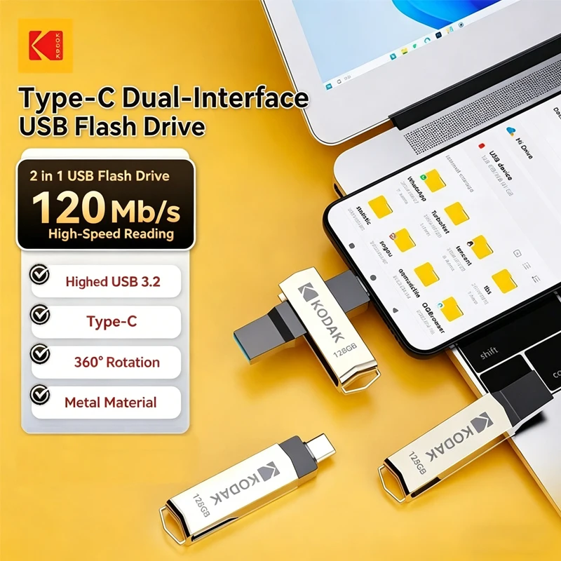 오리지널 코닥 K273 USB 3.2 타입-C 펜드라이브 256GB 128GB 64GB 32GB 듀얼 플래시 드라이브 고속 120MB/s 휴대폰/노트북용