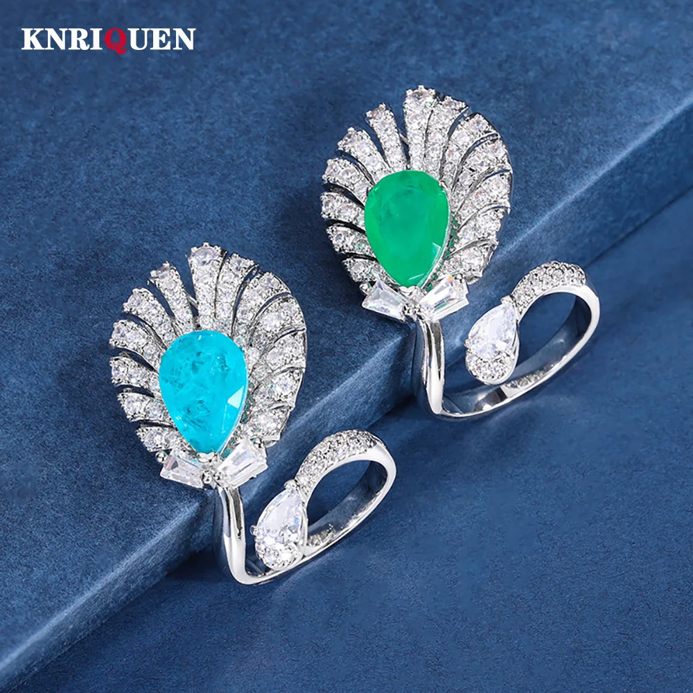 New Fashion 8*13Mm Emerald Paraiba Tormaline Leaf Rings Lab Diamond Wedding Bands Gemstone Party Fine Jewelry Anniversary Gifts