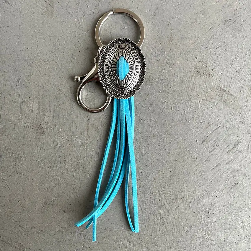 Western Metal Concho Button Faux Suede Leather Tassel Keychain Blue Black  Brown Cushaw Flower Keychain Jewelry Wholesale - Key Chains - AliExpress