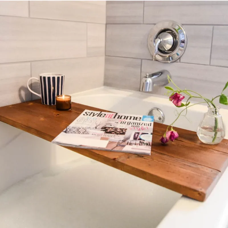 Solid Wood Bathtub Organizer Divider Shelf for Spa Hotel & Airbnb Bathrooms Natural Waterproof Storage with Bath Tray