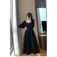 New Vintage Collar Long Black Dress Knee-Length Women's Elegant Gown Polyester Fabric Long Sleeve V-Neck Midi Dress