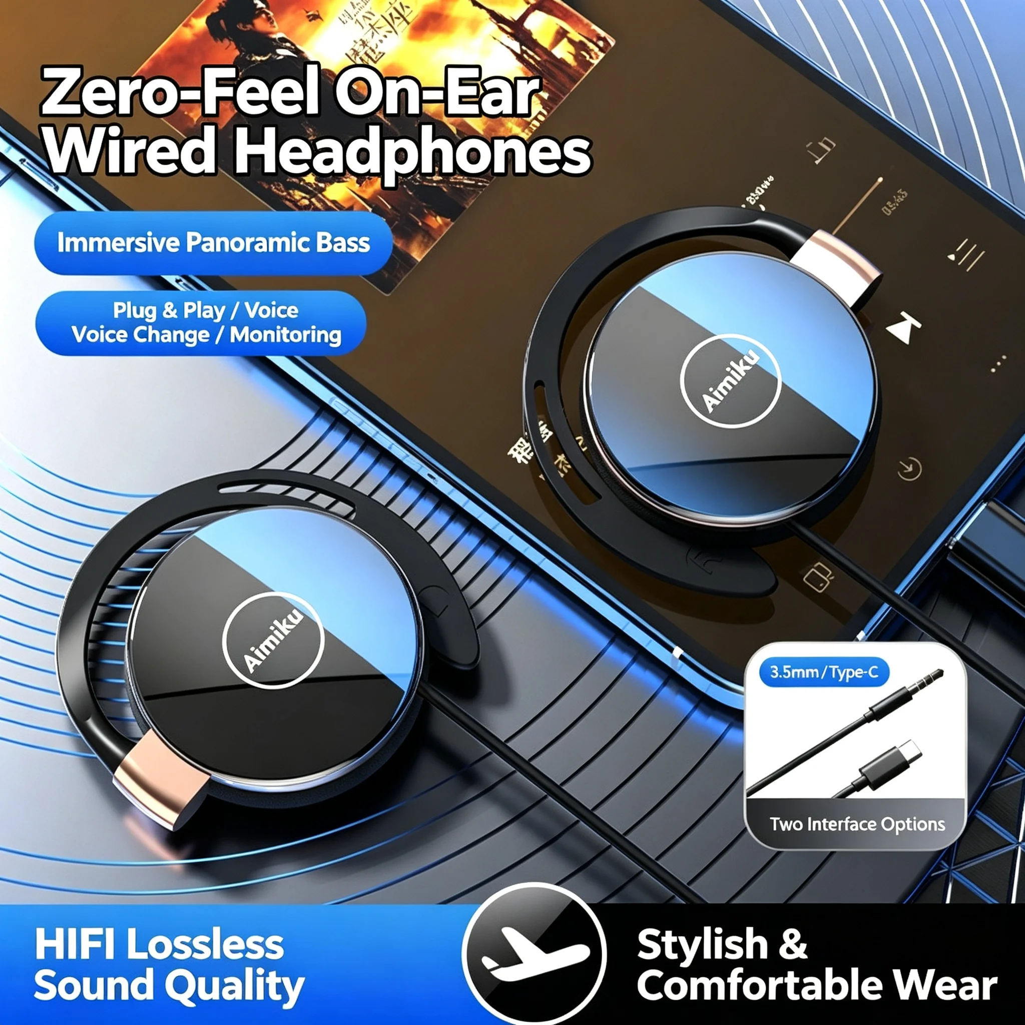 Premium Wired Hanging Ear Headphones with Hi-Fi Sound and Soft Ear Pads