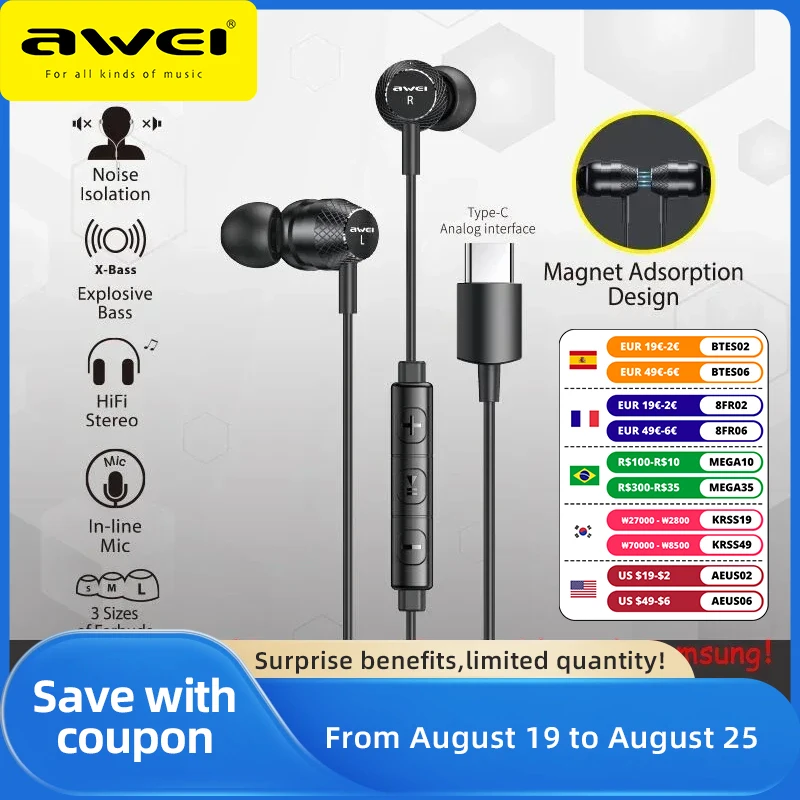 Awei TC-5 Wired In-ear Earphone for Phone Type-C Jack Stereo Deep Bass with Microphone Button Control 1.2m for wired earphones