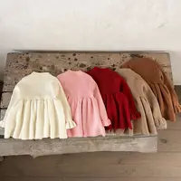 Autumn Infant Baby Girl Dress Cotton Solid Long Sleeve Newborn Girls Princess Dress Flare Cuff Knitted Ruched Toddler Girl Dress 3