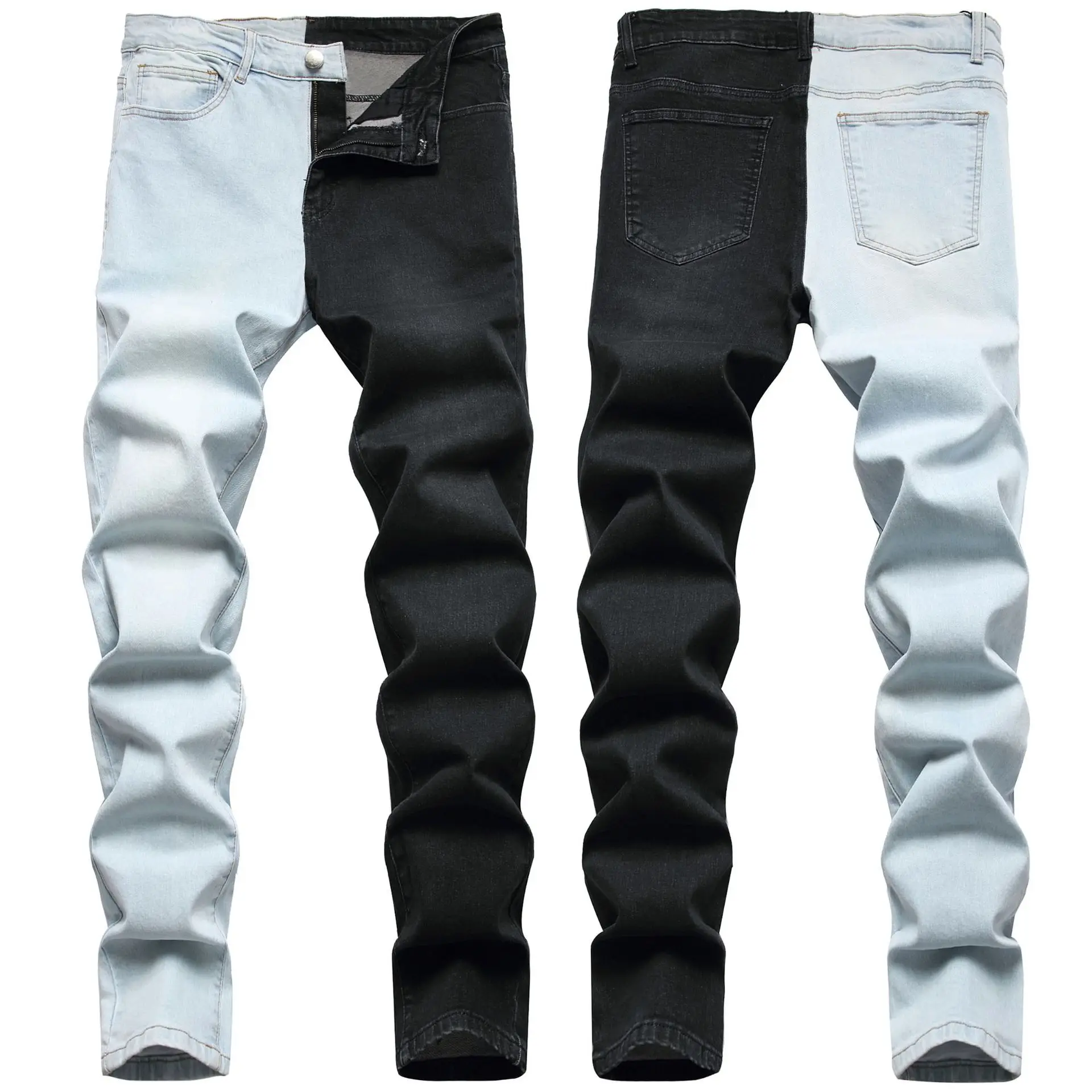 black skinny jeans men Stitching men's two-color trend stretch 2021 new European and American style fashion jeans for men light blue jeans men