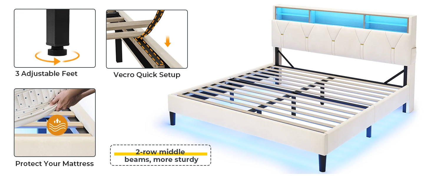 Description Picture 5 of itemLED Bed Frame with Type-C & USB Charging Station,Bed Frame with Storage Headboard,Modern Velet Upholstered Platform Bed with