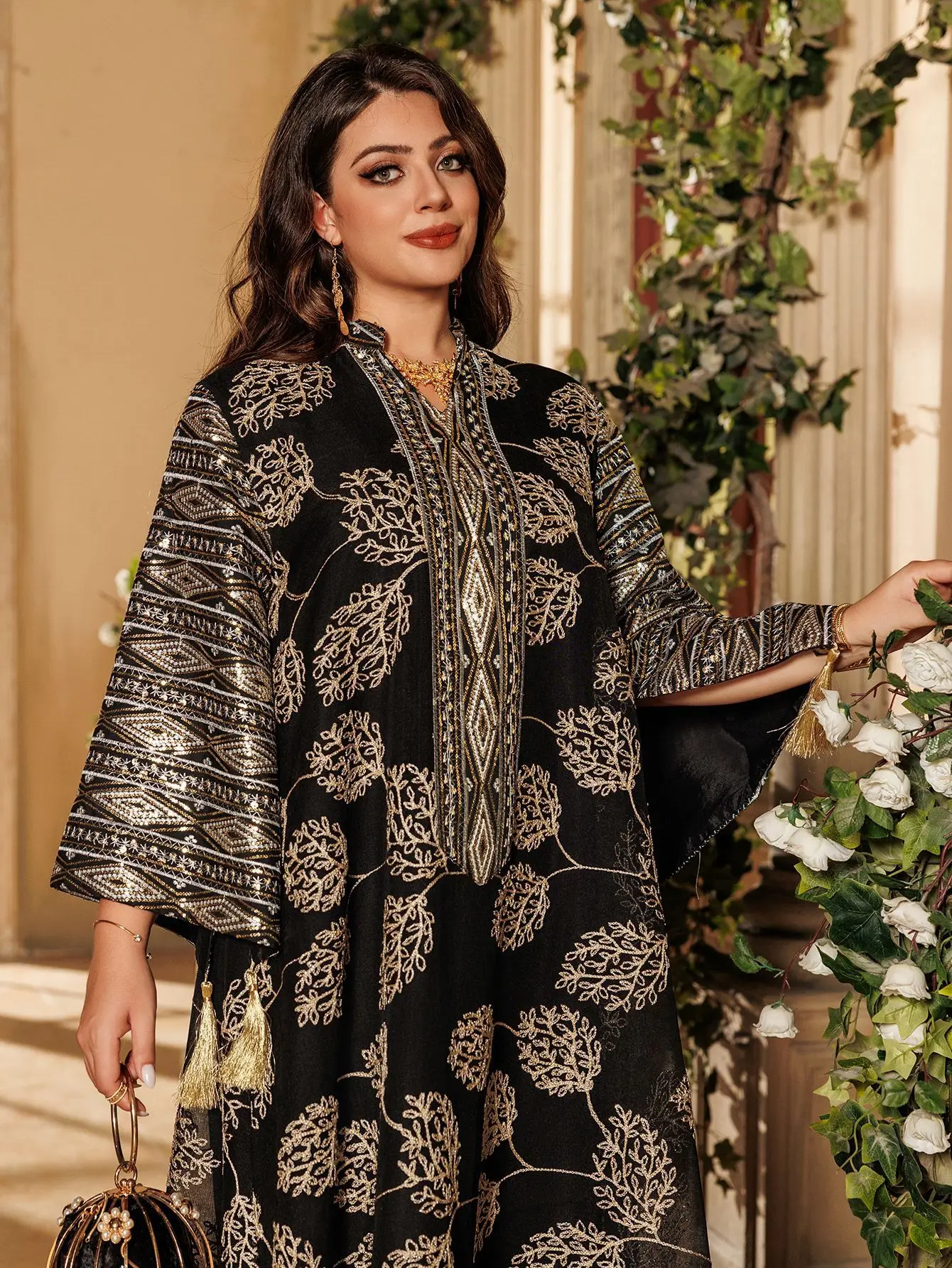 2025 Muslim Women's Black Islamic Embroidered Abaya with Gold Detailing Ideal for Formal Events in Middle East like UAE Saudi 4