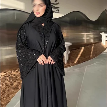 2025 Ramadan Black Open Include Hijab Turban Abaya Dubai Luxury Islamic Clothing Muslim Dress Black Beaded Dubai Abaya For Women