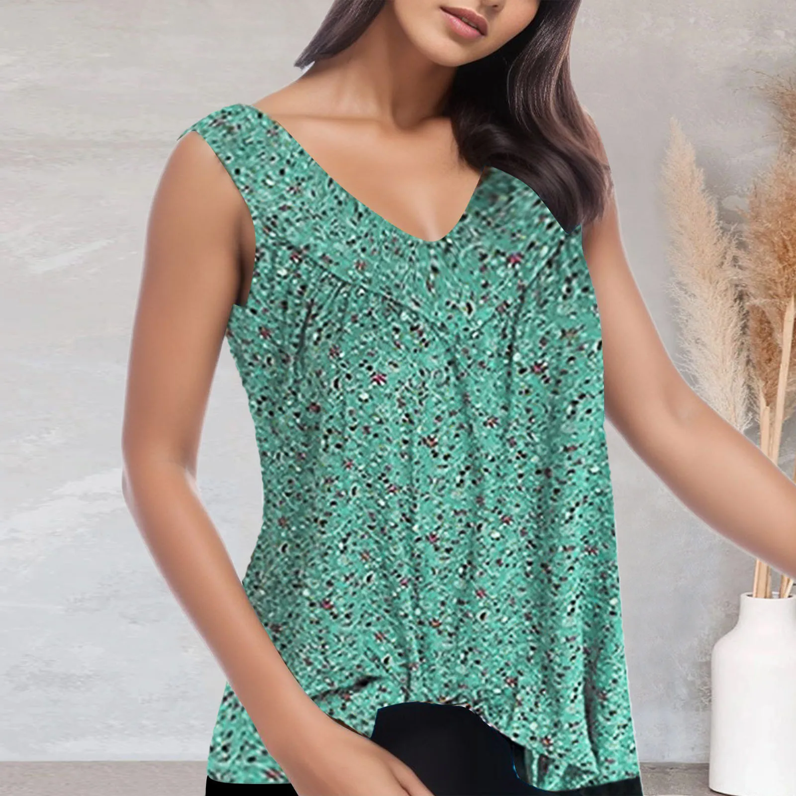 

V-Neck Small Flowers Printing Lady Tops Shirt Loose Fit Slight Strech Sleeveless Women Summer Shirt Indie Folk Casual Blouse Top