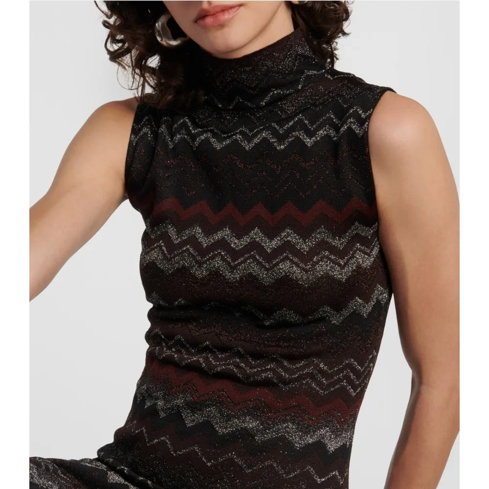 

New Sleeveless Undershirt Knitted Dress Women's Fashion Retro Ripple Half-high Neck Tight Thin Ultra-long Dresses