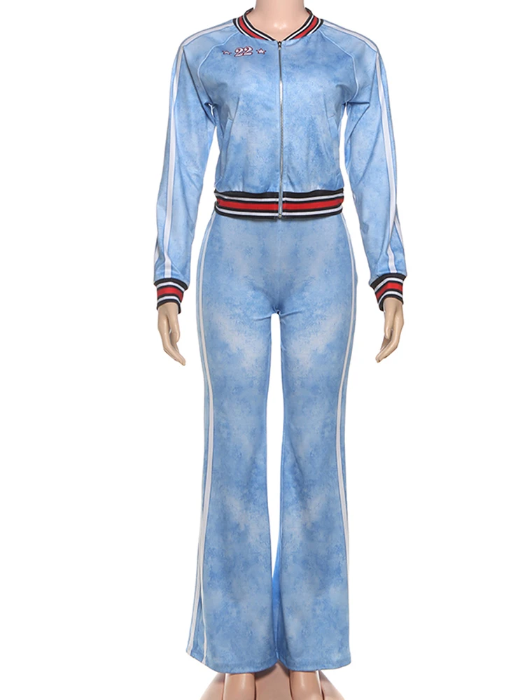 Nibber Sporty Tie-Dye Print Women Tracksuit 2 Piece Set Print Zip Crop Jacket+Straight Pants Matching Streetwear Casual Suit