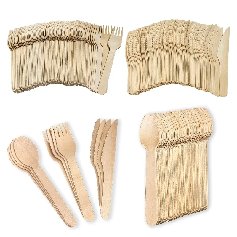 50Pcs/pack Wooden Forks Spoons Knives Disposable Wooden Tableware for Party Birthdays Weddings Cafes Desserts Cakes Tableware