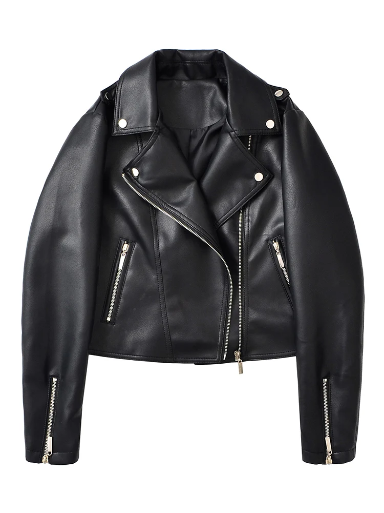 Ailegogo New Spring Autumn Moto Biker Loose Black Faux Leather Jacket Streetwear Female Zipper Coat Outwear