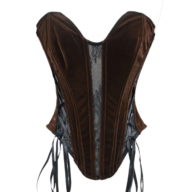 Corset Bustier Ajusté pour Femme, en Velours et Résille, à Lacets, Élégant, Sans Bretelles, Effet Sculptant, Amincissant la Taille, avec Baleines, Style Tube Top 1