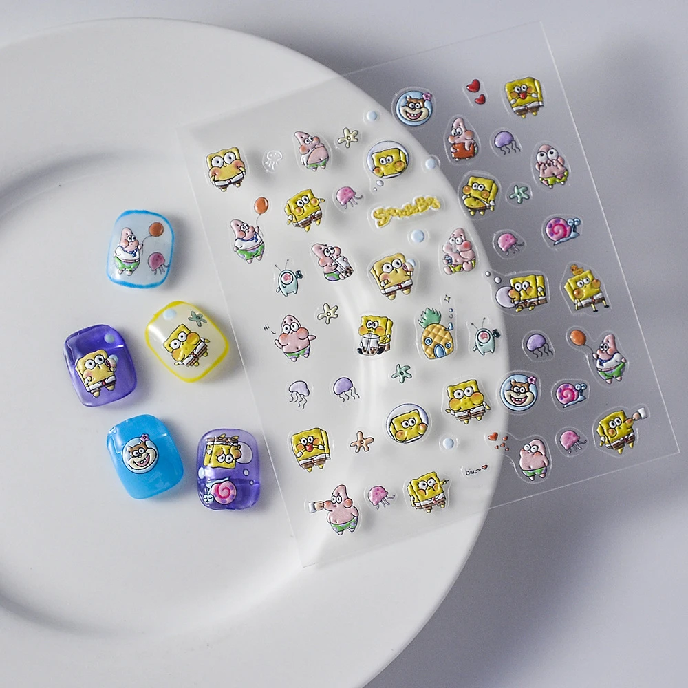 RIZZNAIL Sandy Sponge Chibi Cartoon Character Kawaii Cute Personality Nail Decoration Accessories Adhesive Back 5D Nail Stickers