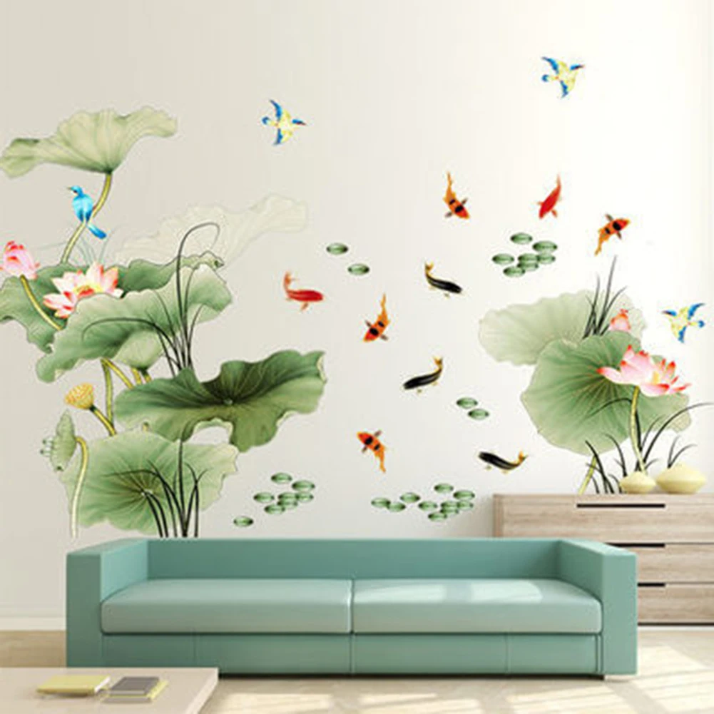 

Pvc Lotus Carp Flying Bird Wall Stickers Chinese Style Vinyl Wall Self-adhesive Wallpaper Bedroom Tv Background Decorations