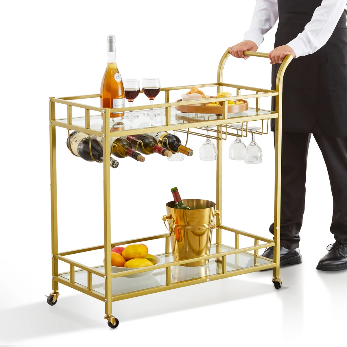 SucceBuy Bar Cart Gold Home Bar Serving Cart on Lockable Wheels with Tempered Glass Shelves for Home Kitchen Dining Living Room