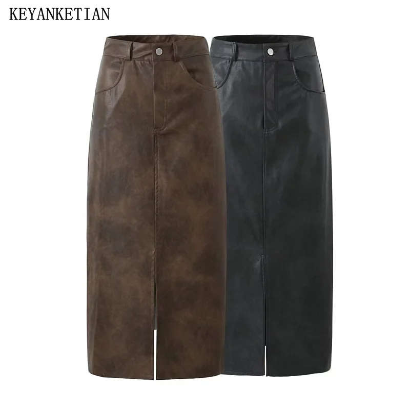 

Осенняя Новая женская юбка KEYANKETIAN из искусственной кожи, на молнии, с высокой талией и разрезом спереди, винтажная трапециевидная юбка до щиколотки из искусственной кожи