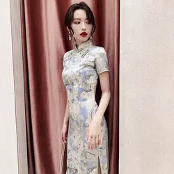 Cheongsam Dress Womens Plus Size 2022 Summer Cotton Blend Prints Splicing Traditional Chinese Style Slim Fit Qipao Dresses Woman