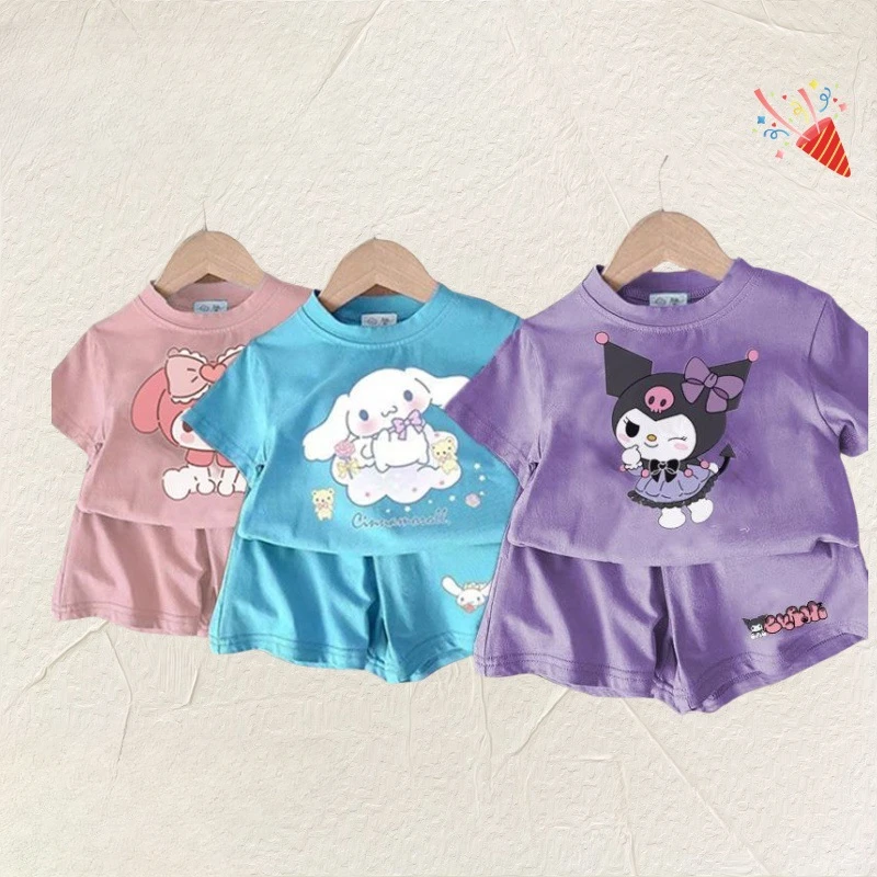 Sanrio Kuromi Kids Cinnamoroll Cartoon T-shirt Top with Shorts Set Cute My Melody Girls Boys Summer Short Sleeved 2pcs Outfits 6