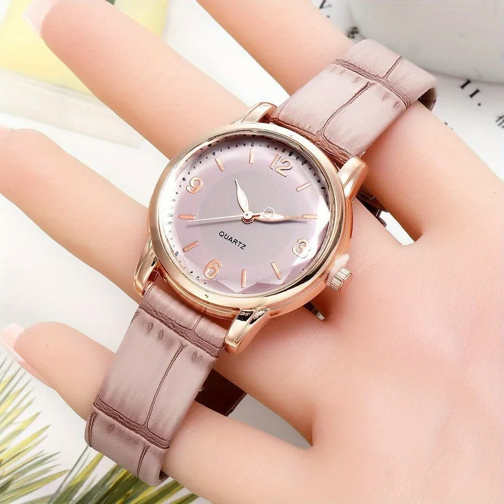 Women's Luxury Leather Strap Quartz Watch with Polygon Glass Dial