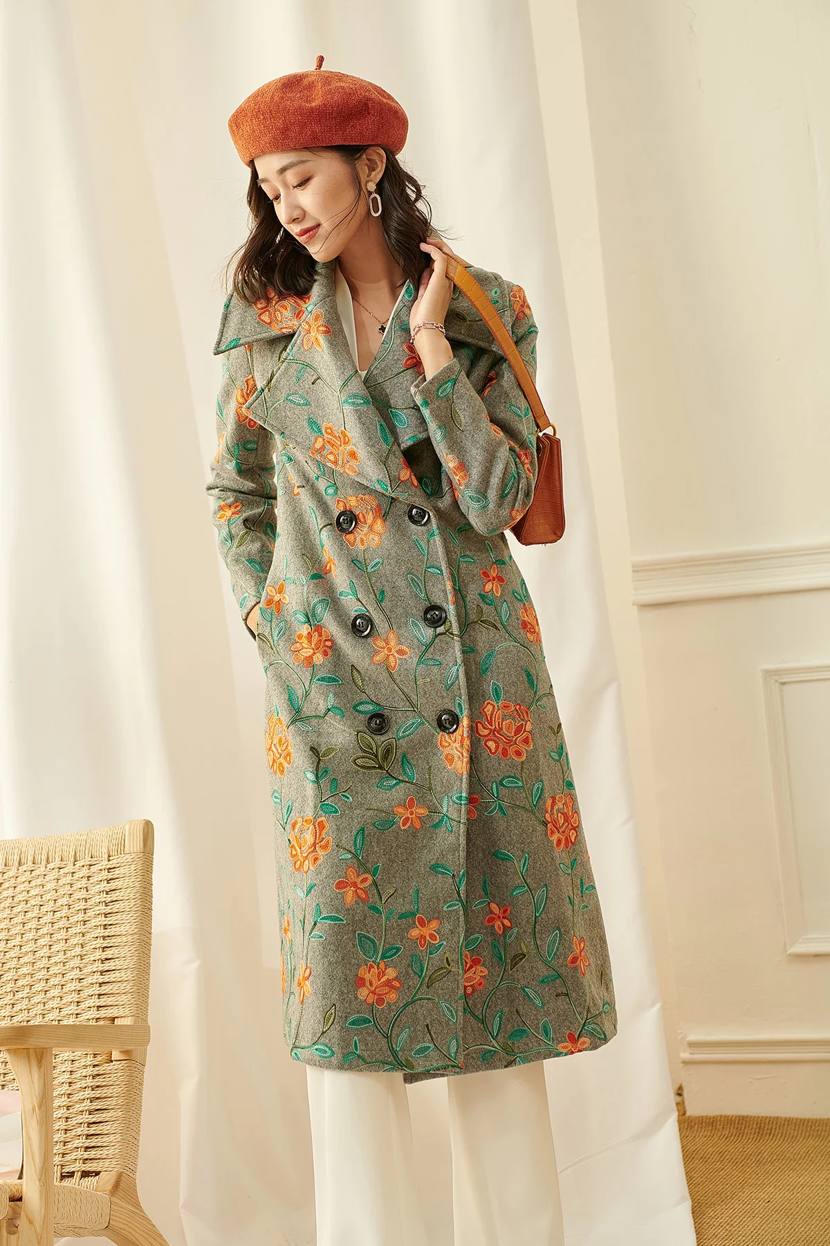 Winter Wool Long Coat Casual Embroidery Floral Jacket Wool