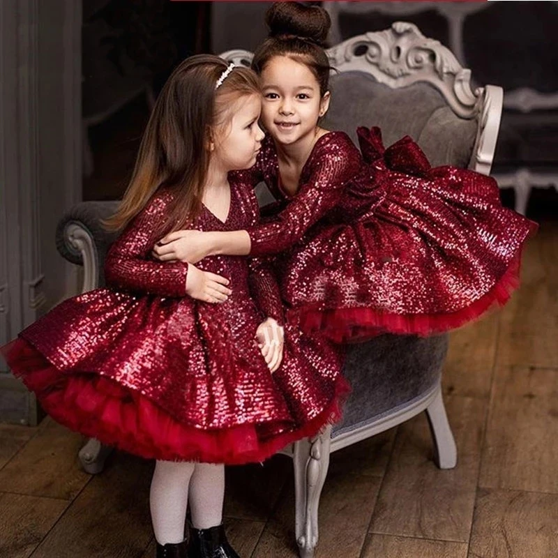 

New Burgundy Puffy Toddler Flower Girl Dresses Long Princess Communion Birthday Skirt Pageant Robe De Demoiselle 3M-14 Years