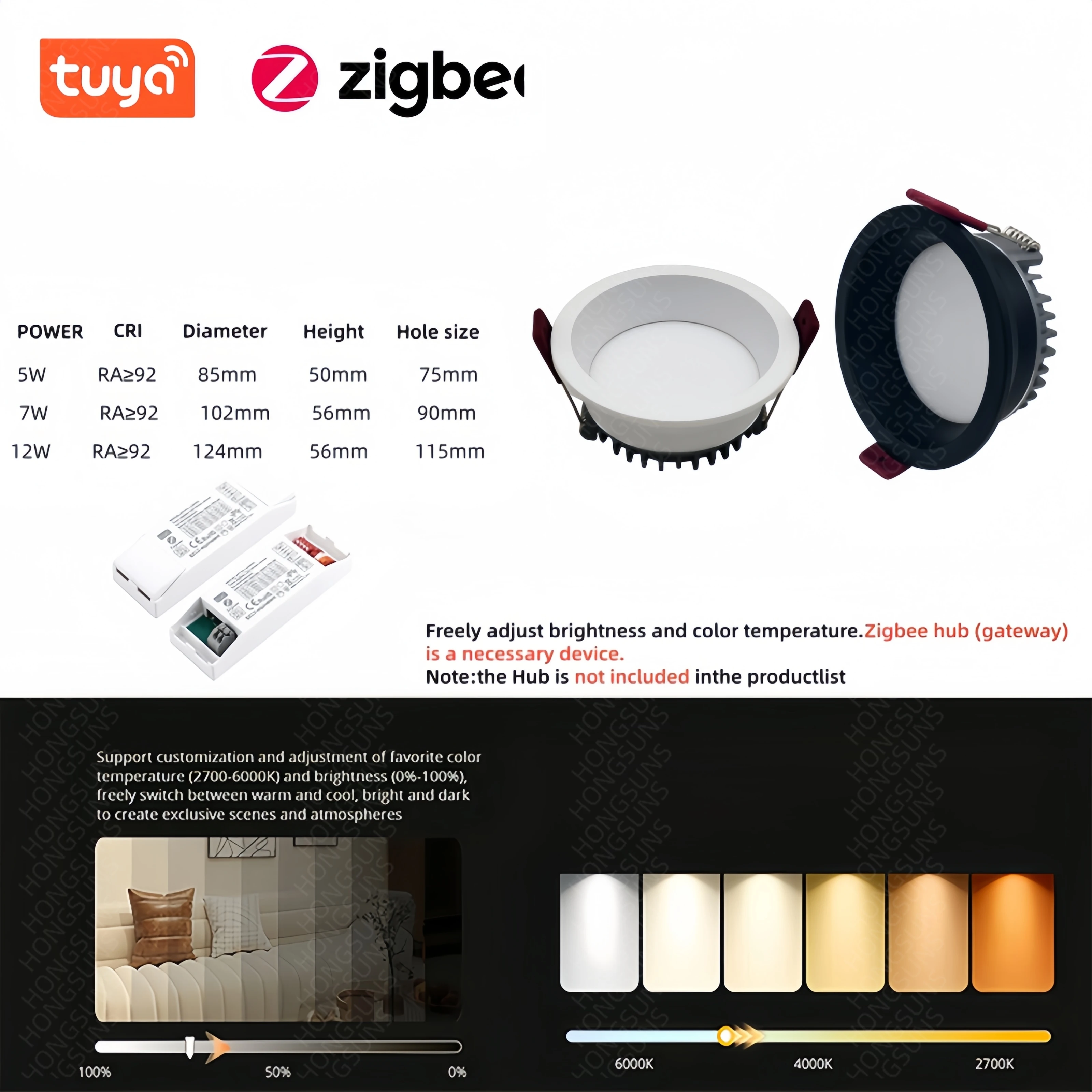 Tuya Zigbee DALI 스마트 LED 다운라이트 눈부심 방지 매립형 3 CCT 블랙/화이트 110/220V 디밍 가능 천장 램프 침실 주방