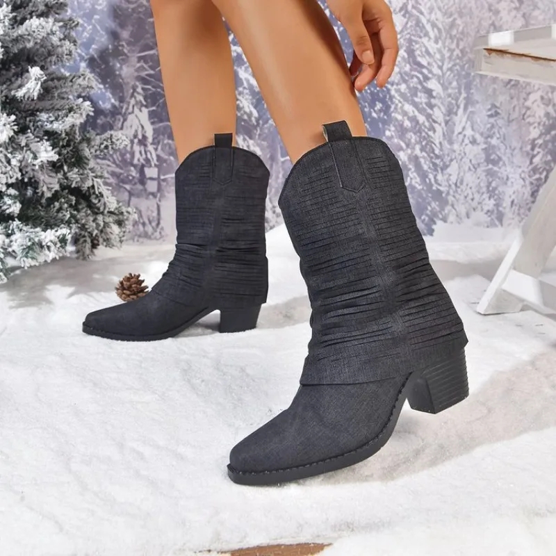 Thick-heeled Pointed-toe Short-leg Pants Ankle Boots for Women's Shoes 2025 New Style Autumn Winter Retro Western Denim Boots