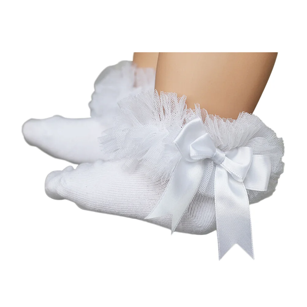 

Baby Girls Lace Ruffle Frilly Mesh Ankle Socks Bowknot Cotton Short Socks Size S (White)