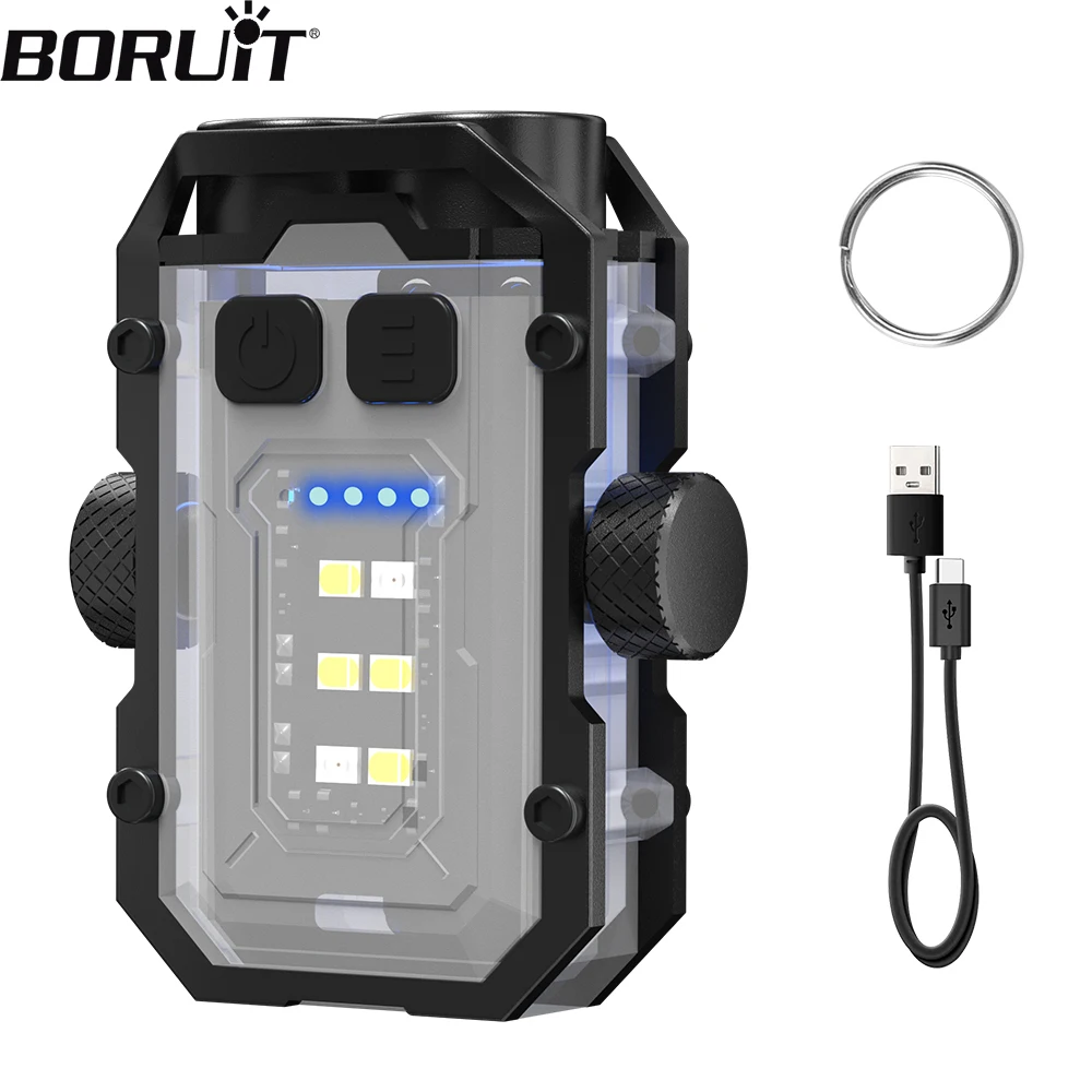 

BORUIT New Mini EDC Keychain Flashlight Portable Work Light Type_C Rechargeable LED Torch Camping Pocket Lantern Stress Relief