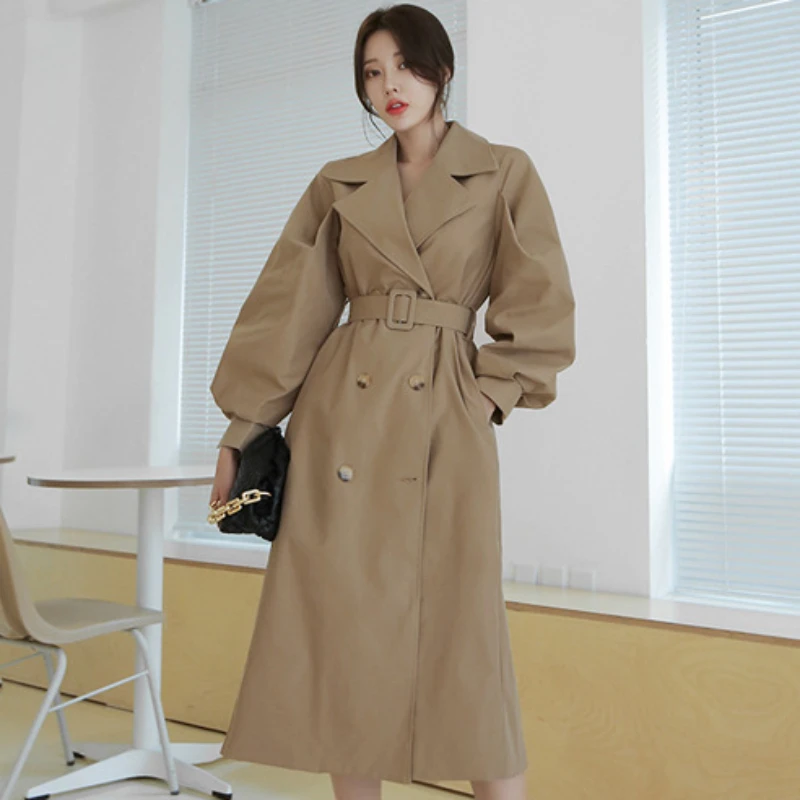 2023 New temperament Women Loose Fashion Belt Trench Coat female Solid Color Lapel double-breasted Long below the Knee Outwear