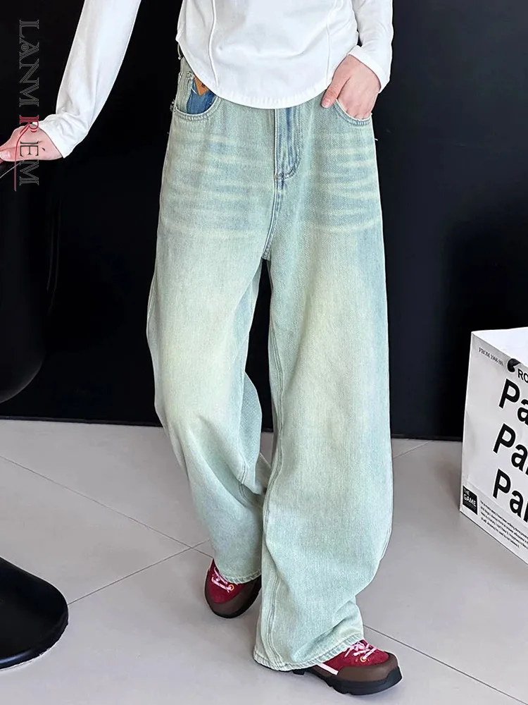 

[LANMREM] Vintage Washed Jeans For Women High Waist Wide Leg Denim Pants Streetwear Female Trousers 2024 Spring New 26D8666