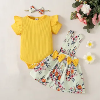 3pcs Newborn Baby Girls Clothes Sets Summer Short Sleeve Romper Bodysuit Top Floral Skirts 3 6 9 12 24 Months Headband Outfits 2