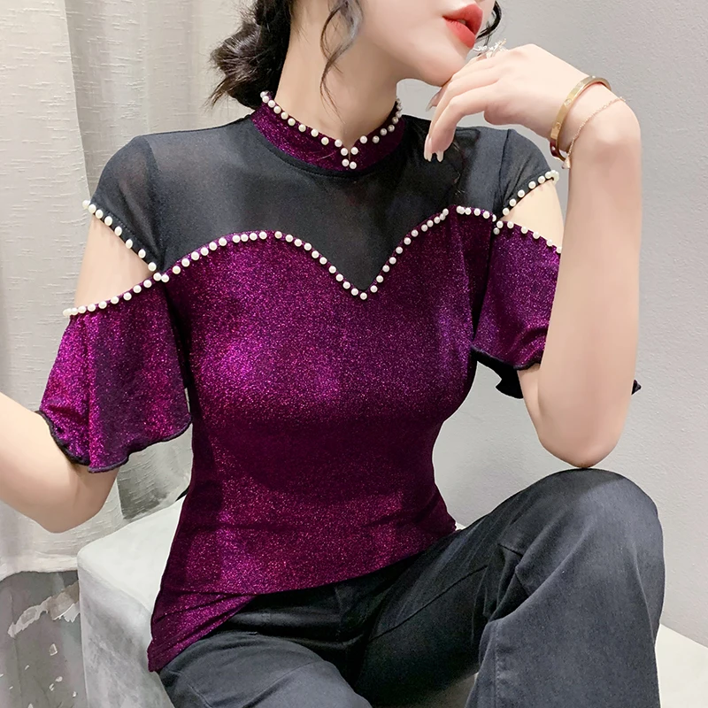 

Женская футболка с воротником-стойкой, черная ажурная футболка с блестящими бусинами и оборками на рукавах, модель 2024 в Корейском стиле на лето, 43209