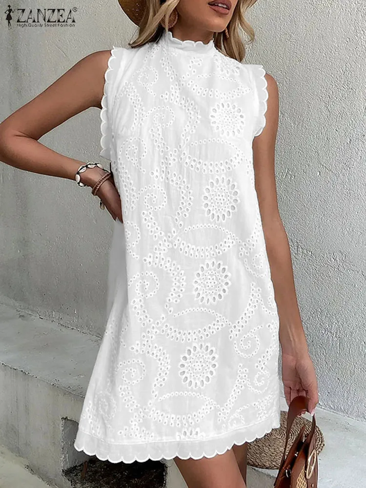 

ZANZEA Casual White Short Sundress Sleeveless Lace Mini Dress Women Fashion Scallop Trim Stand Collar Tank Dresses 2023 Summer