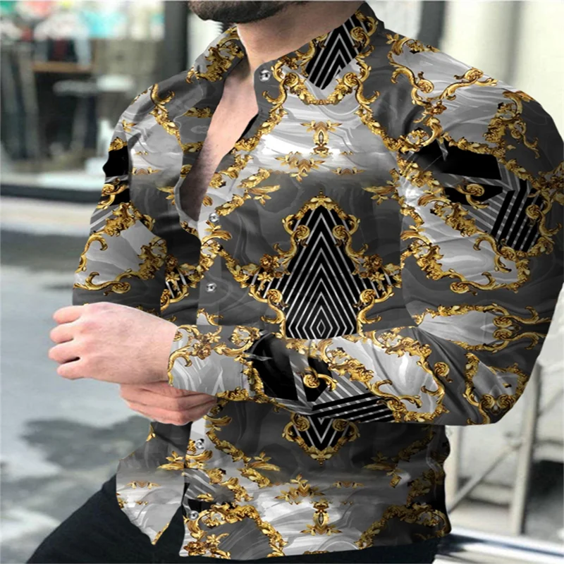 2023 Bohemian Y2K Men Shirt Fashion 3D Printing Shirts Pattern Casual Oversized Long-sleeved Shirt Fitting Clothing Tops