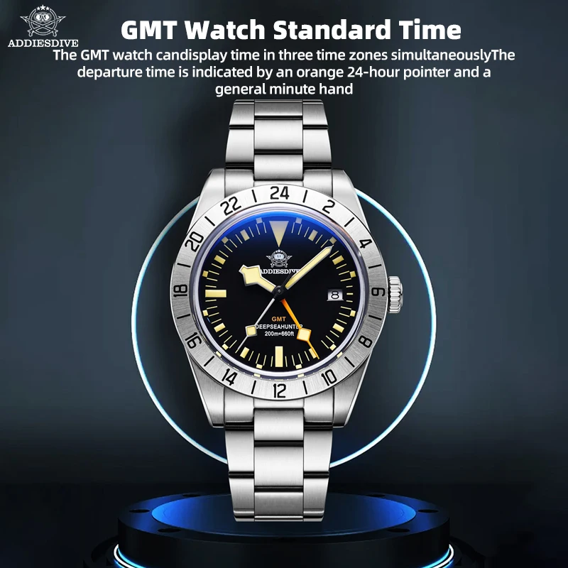 ADDIESDIVE GMT Watches 39mm Men Quartz Wristwatch 316L Stainess Steel Pot Cover Glass 200m Waterproof Super Luminous Watch addiesdive ad2033 quartz watches sapphire glass bgw9 super luminous 20bar diving 316l stainless steel men watches reloj hombre