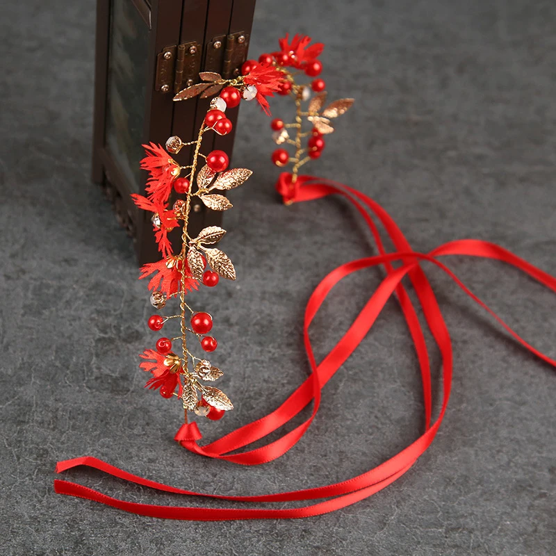 Red/Gold Leaf Daisy Flower Headband Bridal Tiaras Hair Jewelry Ribbon Wreath Pearl Headpiece Wedding Bride Hair Accessories