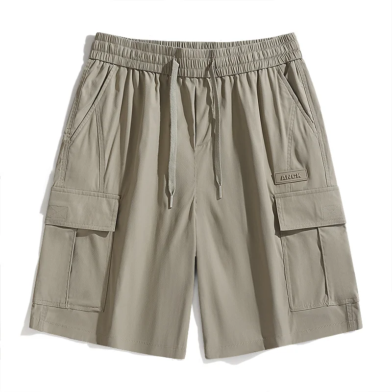 Fashion Elastic Spliced Pockets Straight Casual Shorts Men's Clothing 2024 Summer New Loose Solid Color High Waist Knee Shorts